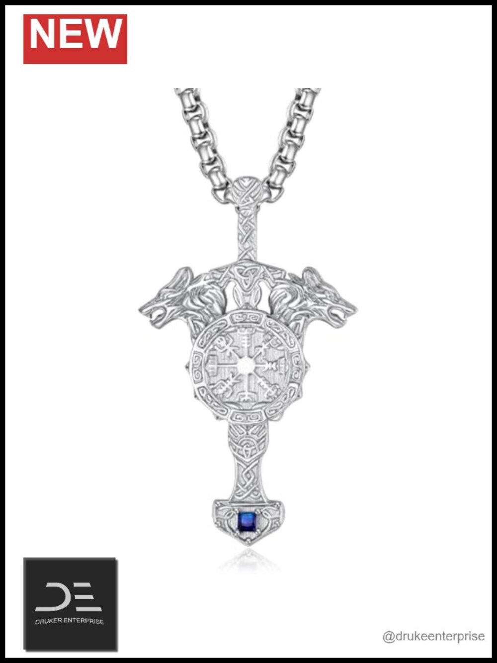 Sword Pendant Necklace 925 Sterling Silver Viking Vegvisir 22in Chain Unisex